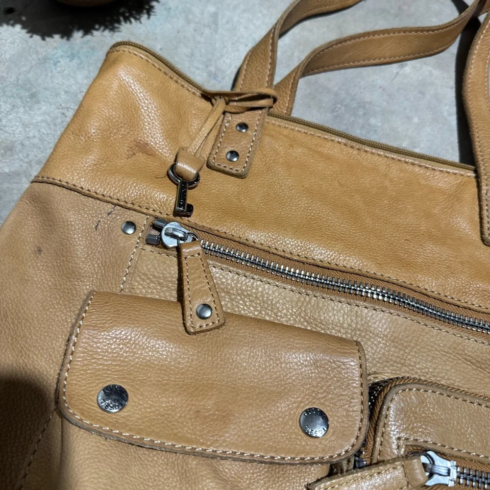 Fossil Tan Leather Shoulder Tote Bag‎ Purse Boho Hippie Western Southwest Fall